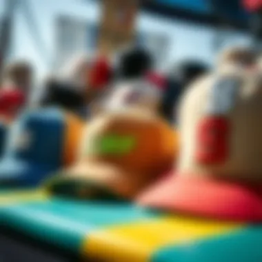 Iconic Surf Brand Hats A collection of iconic surf brand hats displayed on a vibrant background