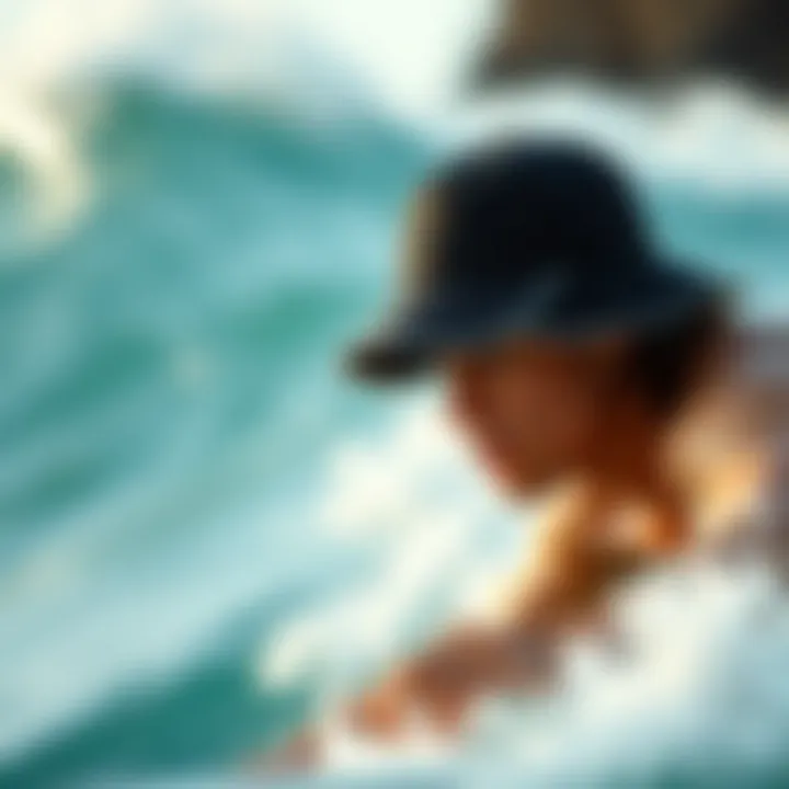 Surf Hat in Action An athlete wearing a stylish surf hat while riding a wave