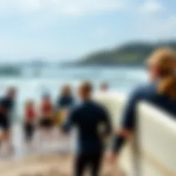 Surf instructor guiding students on Byron Bay beach