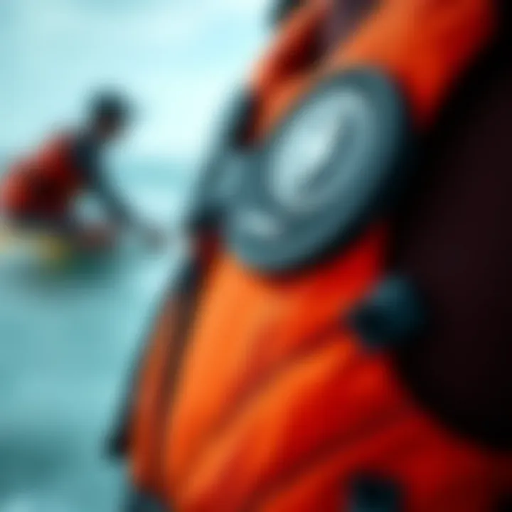 Close-up of key features in a high-performance surf life jacket