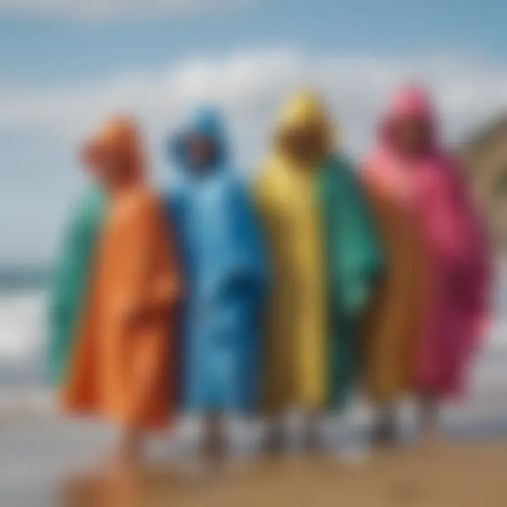 A colorful array of surf ponchos hung up, highlighting different styles