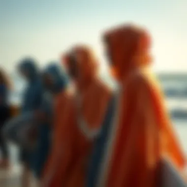 Community and Culture in Towelling Ponchos A group of surfers wearing towelling ponchos after a surf session, highlighting community bonding.