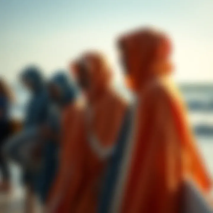 Community and Culture in Towelling Ponchos A group of surfers wearing towelling ponchos after a surf session, highlighting community bonding.