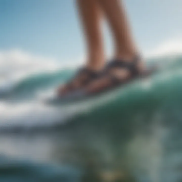 A surfer showcasing stylish surf flip flops at a competition