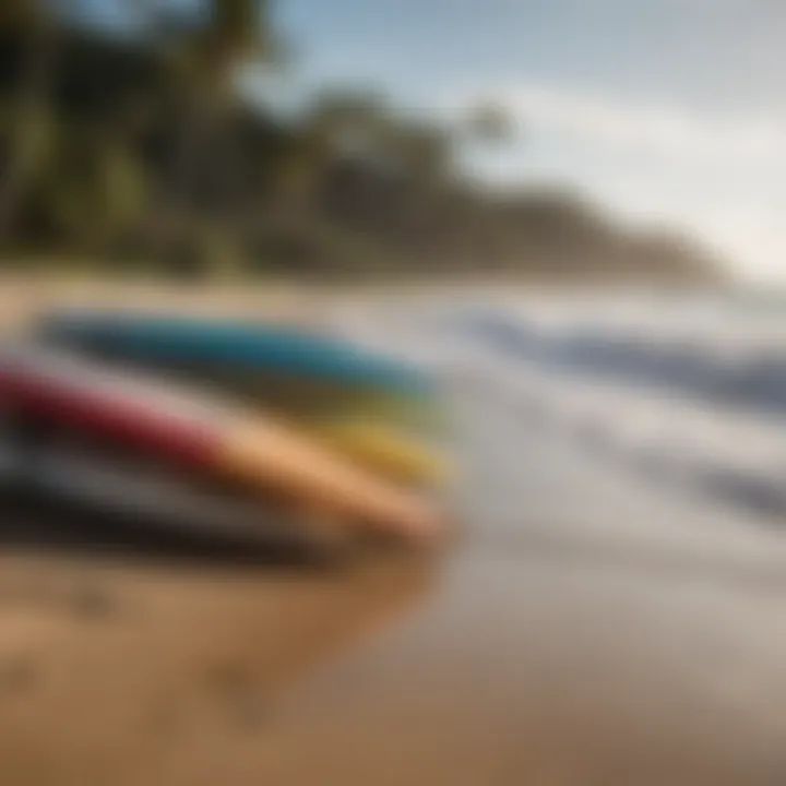 A serene beach setup with surfboards ready for a day of surfing