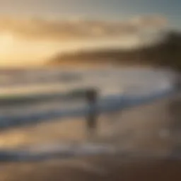 A breathtaking view of surfers riding waves at dawn in San Juan