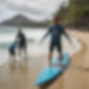 A surf school instructor guiding students