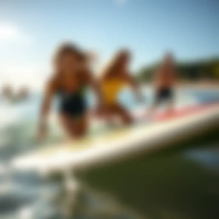 A picturesque beach scene with surfers enjoying their personalized boogie boards