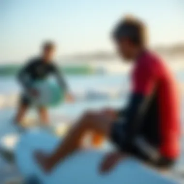 Instructor demonstrating surfing techniques on the beach