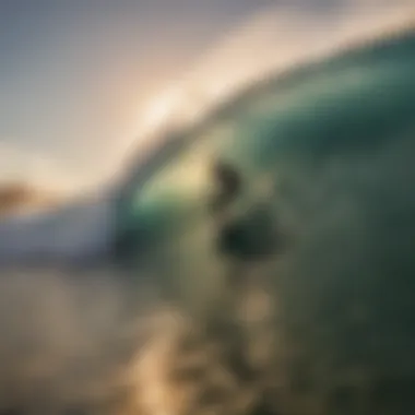 Surfer in Action: Capturing the Thrill of the Ride A surfer riding a massive wave at sunset