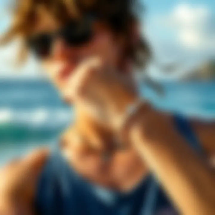 Surfer bracelet styled with beachwear against a picturesque ocean backdrop