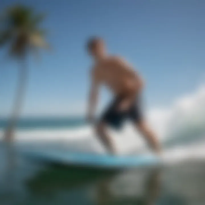 An individual engaging in a dynamic water sport wearing stylish boogie board shorts