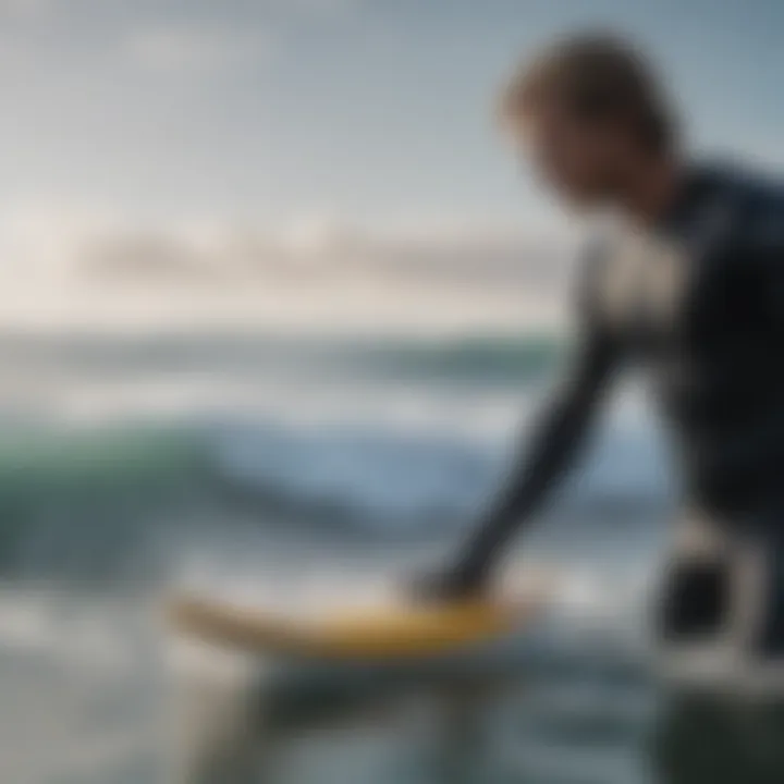 Surfer wearing surf mittens while navigating cold ocean waves