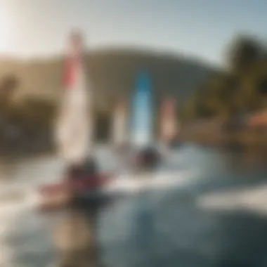 An aerial shot showcasing multiple hydrofoiling enthusiasts on a vibrant water surface