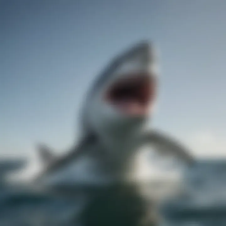 Great white shark breaching the surface during a hunt