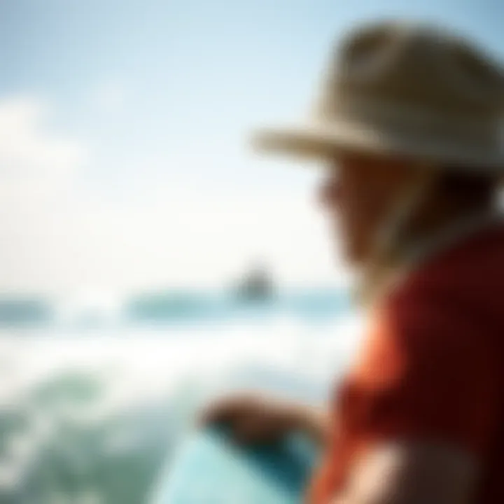 Watersport Enthusiast with Melin Rope Hat A scenic view of a watersport enthusiast wearing the Melin Rope Hat while engaging in surfing.