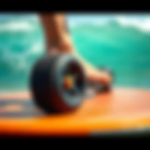 Close-up view of big soft skateboard wheels on a surfboard