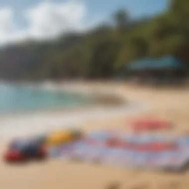 Vibrant Beach Scene: Relaxation by the Shore Colorful beach umbrellas and towels scattered across a sandy shore