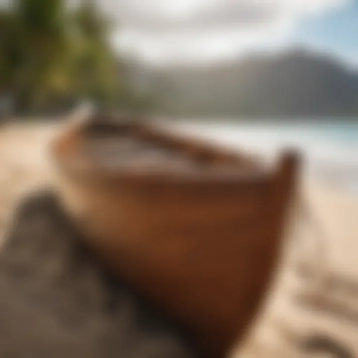 A close-up of a traditional Hawaiian canoe resting on the beach