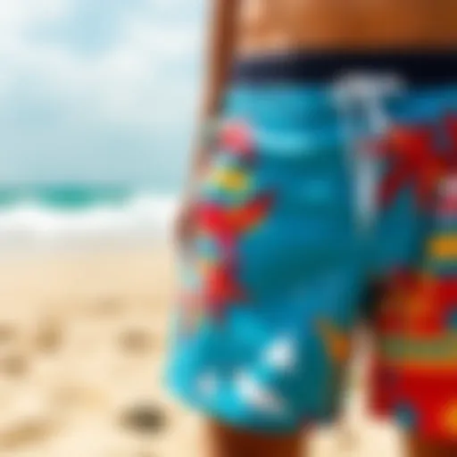 Vibrant board shorts displayed on a sandy beach