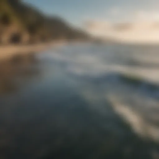 A serene coastal view with wind patterns visible on the water's surface