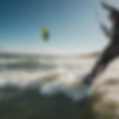 Kitesurfing in Action: Harnessing Wind Power A kitesurfer skillfully navigating through wind-driven waves