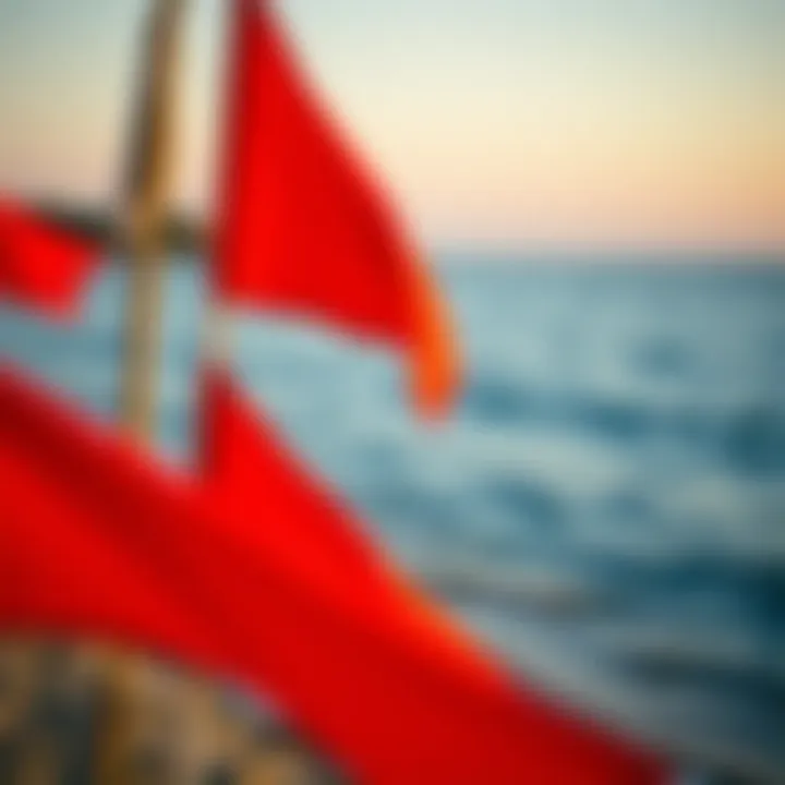 A serene beach scene with warning flags for swimming safety.