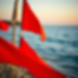 Swimming Safety Precautions A serene beach scene with warning flags for swimming safety.