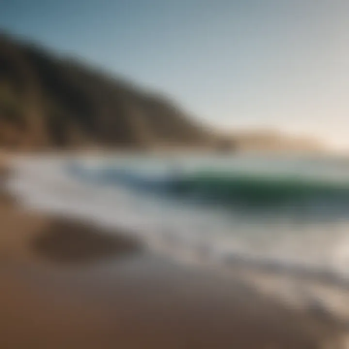 A scenic view of surfers enjoying foil surfing at a picturesque beach.