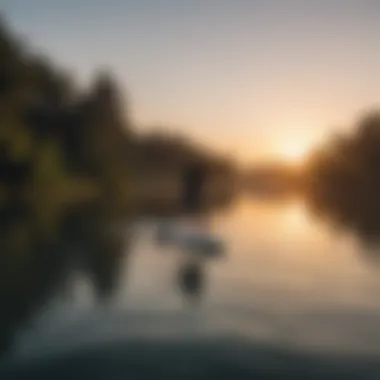 A serene paddleboarder gliding over calm waters at sunrise