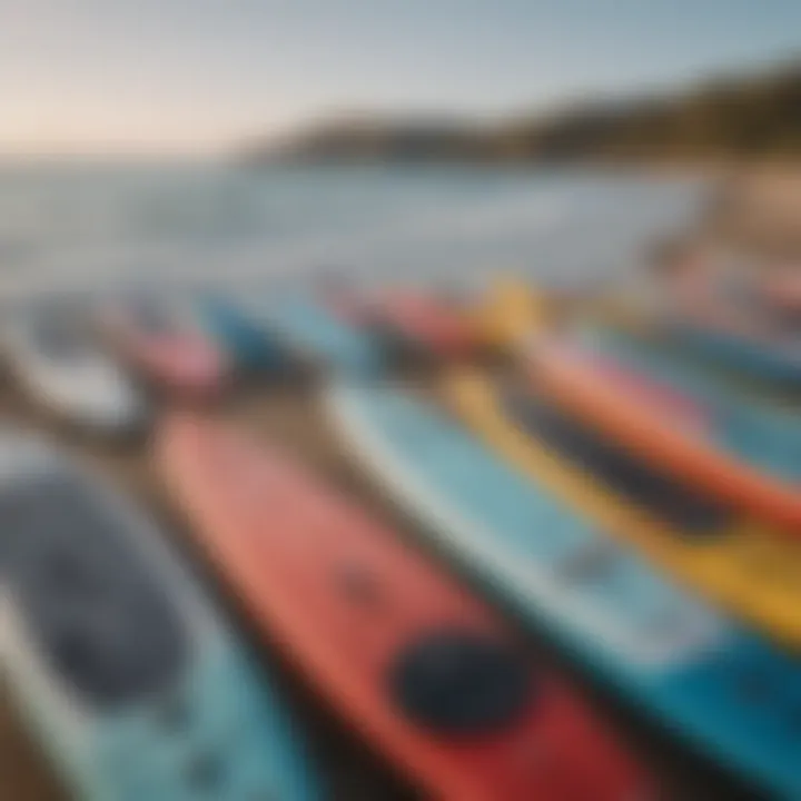 Variety of paddleboards lined up on a beach