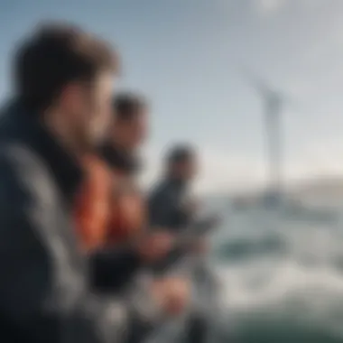 A group of watersports enthusiasts analyzing wind data using an anemometer.