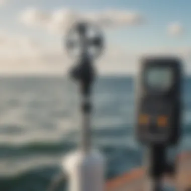 A digital anemometer displaying wind speed readings on a watersport location.