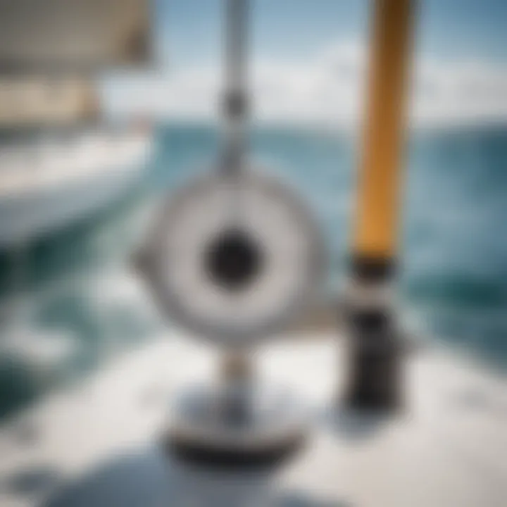 A close-up view of an anemometer measuring wind direction on a sailboat.