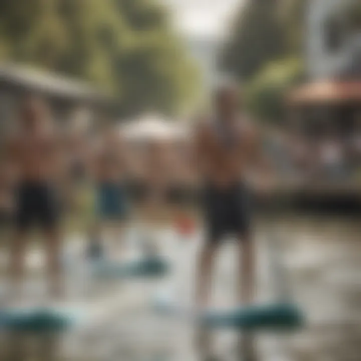 A group of enthusiastic paddleboarders engaging in a community event