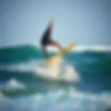 A skilled athlete demonstrating perfect balance on a surfboard amidst ocean waves