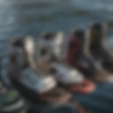 Diverse Wakeboard Bindings Close-up view of various wakeboard bindings showcasing different styles and designs.