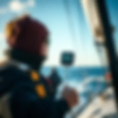 Sailor using a handheld wind speed device during a race