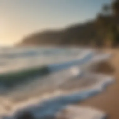 A tranquil beach scene with gentle waves lapping at the shore