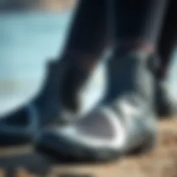 A close-up view of wetsuit boots showcasing different materials