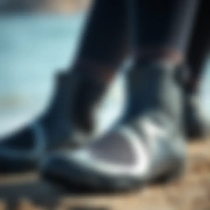 Diverse Materials of Wetsuit Boots A close-up view of wetsuit boots showcasing different materials