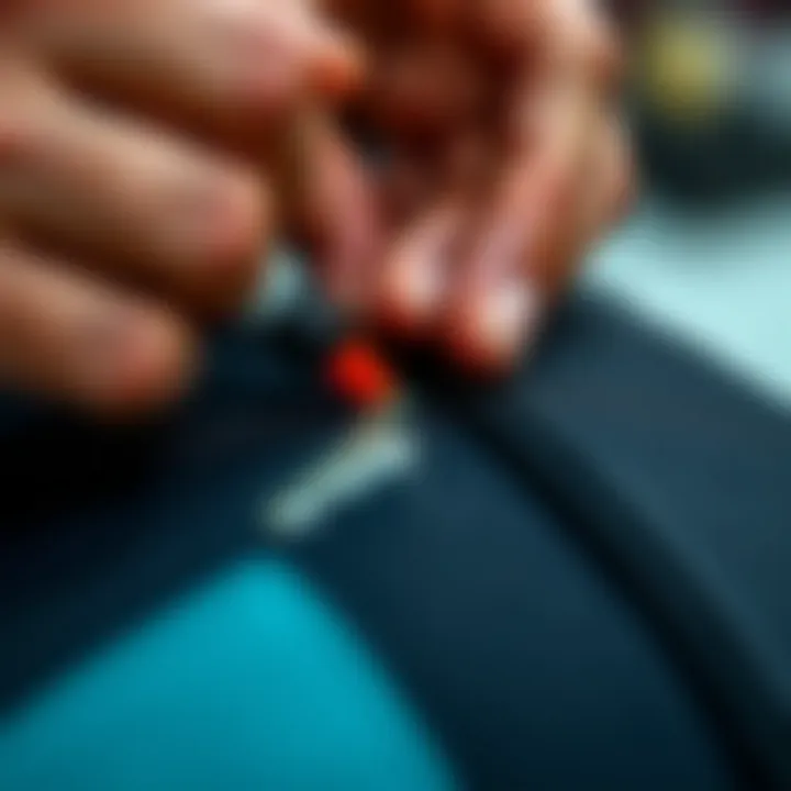 Close-up of adhesive application on a wetsuit tear